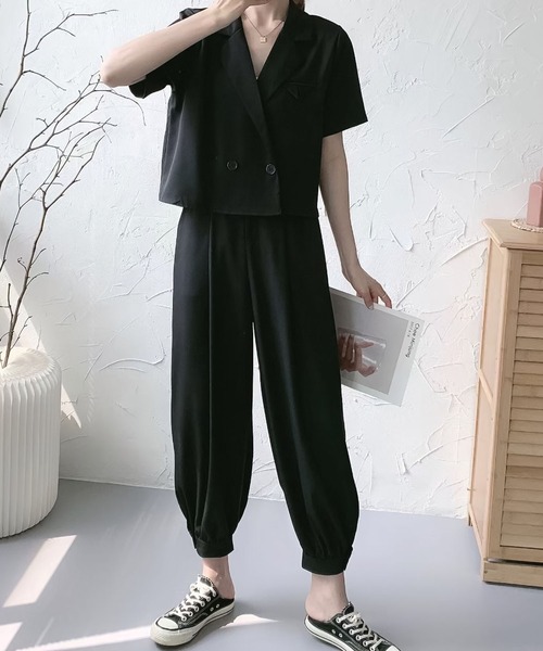 Doula Doula（ドゥーラドゥーラ）の「半袖ジャケット＋裾リブパンツセットアップ（セットアップ・レディース・ブラック/ダークグレー/モカ・FREE）」の5枚目の写真