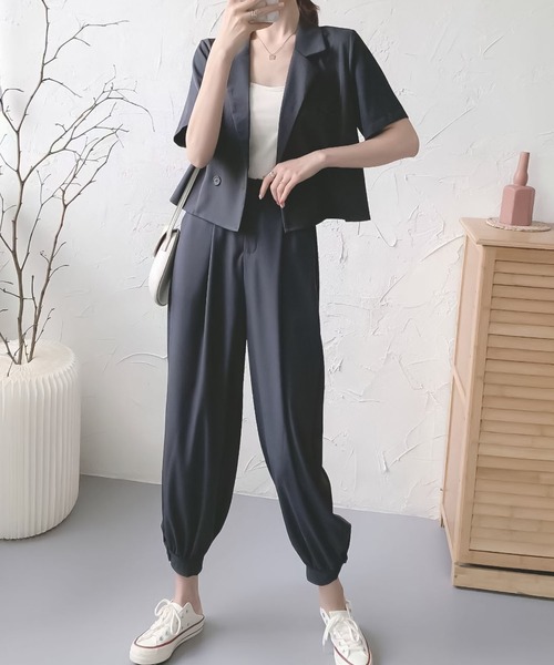 Doula Doula（ドゥーラドゥーラ）の「半袖ジャケット＋裾リブパンツセットアップ（セットアップ・レディース・ブラック/ダークグレー/モカ・FREE）」の9枚目の写真