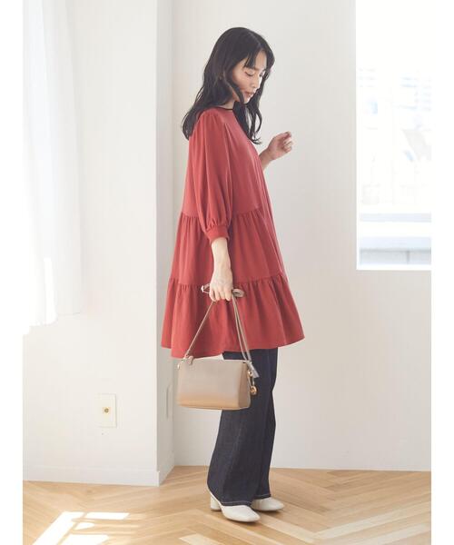 Green　Parks（グリーンパークス）の「ティアード5分袖カットチュニック＊（Tシャツ/カットソー・レディース・ダークグレー/レッド・FREE）」の9枚目の写真