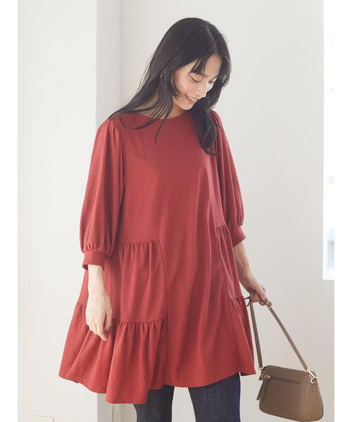 Green　Parks（グリーンパークス）の「ティアード5分袖カットチュニック＊（Tシャツ/カットソー・レディース・ダークグレー/レッド・FREE）」の13枚目の写真