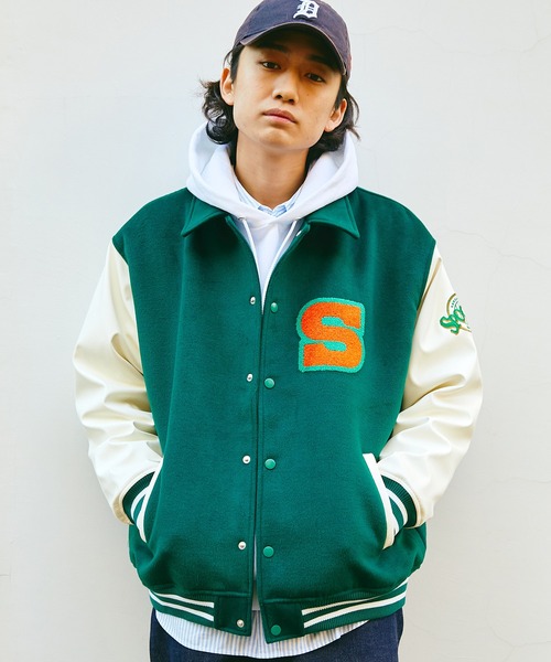 SPOC STORE（スポックストア）の「【SPOC STORE】オーバーサイズ サガラワッペン配色スタジャン（スタジャン・メンズ・レッド/グリーン・S/M/L）」の5枚目の写真