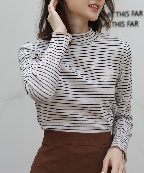 MAISON DE THERESE（メゾン ド テレーズ）の「ハイネック　ボーダー長袖ニットトップス（ニット/セーター・レディース・ブラウン/ブラック/ベージュ/ホワイト・MEDIUM）」の4枚目の写真