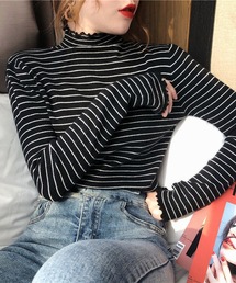 ハイネック　ボーダー長袖ニットトップス