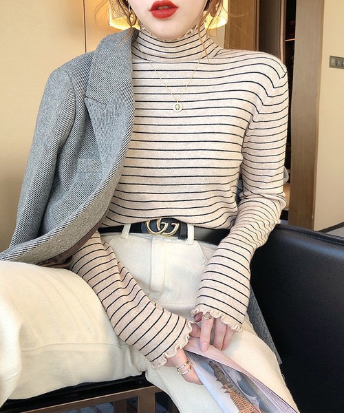 MAISON DE THERESE（メゾン ド テレーズ）の「ハイネック　ボーダー長袖ニットトップス（ニット/セーター・レディース・ブラウン/ブラック/ベージュ/ホワイト・MEDIUM）」の18枚目の写真