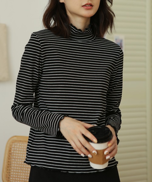 MAISON DE THERESE（メゾン ド テレーズ）の「ハイネック　ボーダー長袖ニットトップス（ニット/セーター・レディース・ブラウン/ブラック/ベージュ/ホワイト・MEDIUM）」の10枚目の写真