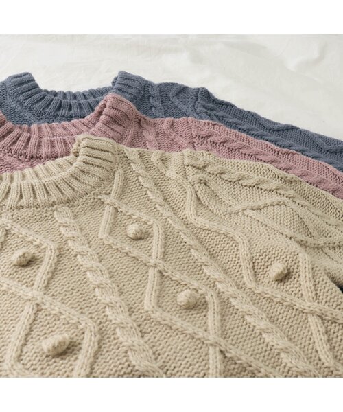 apres les cours（アプレレクール）の「WEB限定 ポンポンペプラムニット（ニット/セーター・キッズ・ベージュ/ピンク/ラベンダー・90/100/110/120/80/130/140）」の5枚目の写真