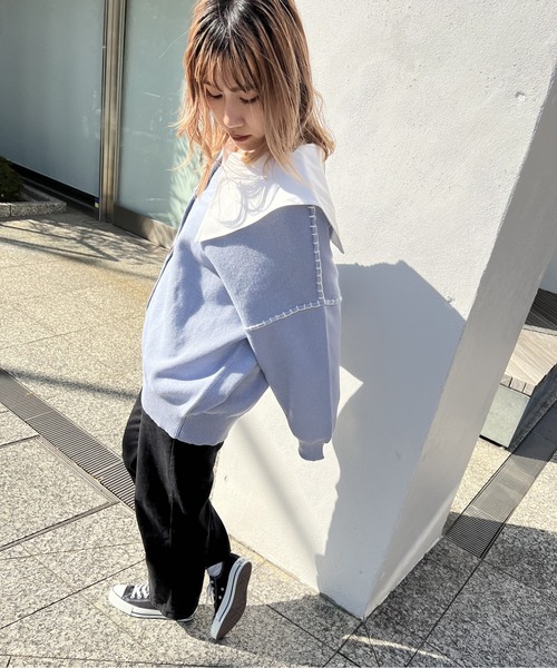 one way（ワンウェイ）の「クルーネック/ハンドステッチBIGカーディガン（カーディガン/ボレロ・レディース・ホワイト/ライトブルー/ベージュ/ライトグリーン・FREE）」の4枚目の写真