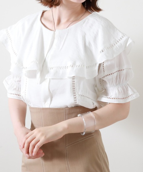 Cheek(チーク)の「ハシゴレースケープブラウス(シャツ/ブラウス・レディース・オレンジ/ブルー/オフホワイト・MEDIUM)」の9枚目の写真