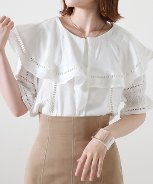 Cheek(チーク)の「ハシゴレースケープブラウス(シャツ/ブラウス・レディース・オレンジ/ブルー/オフホワイト・MEDIUM)」の10枚目の写真