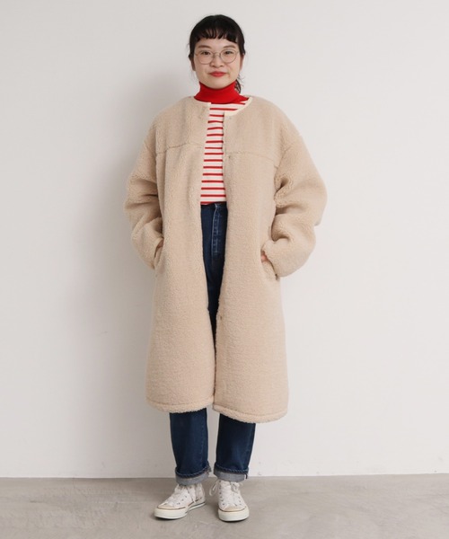 CHILD WOMAN（チャイルドウーマン）の「エコペル リサイクルボア ノーカラBIGコート（ダウンジャケット/コート・レディース・ブラック/ベージュ/カーキ/ピンク・FREE）」の8枚目の写真