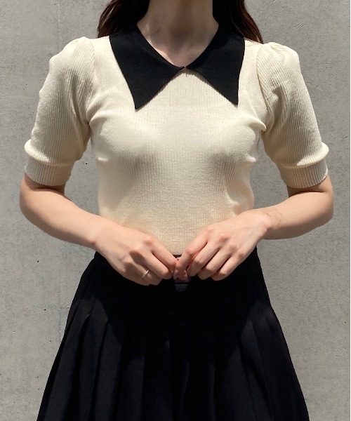 titty＆Co. PETIT by poyo（ティティーアンドコープティバイポヨ）の「【titty&Co. PETIT by POYO】バイカラーリブニットトップス（ニット/セーター・レディース・ホワイト・FREE）」の4枚目の写真
