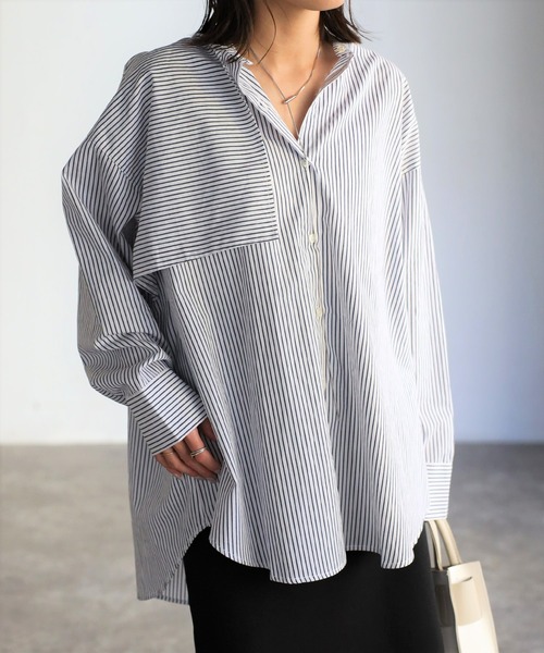 EASEBLUE（イーズブルー）の「アシメフラップオーバーシャツブラウス（シャツ/ブラウス・レディース・オフホワイト/ブルー/ブルー系1/ネイビー系1・FREE）」の3枚目の写真