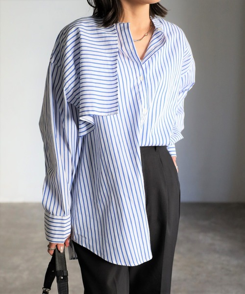 EASEBLUE（イーズブルー）の「アシメフラップオーバーシャツブラウス（シャツ/ブラウス・レディース・オフホワイト/ブルー/ブルー系1/ネイビー系1・FREE）」の4枚目の写真