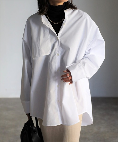 EASEBLUE（イーズブルー）の「アシメフラップオーバーシャツブラウス（シャツ/ブラウス・レディース・オフホワイト/ブルー/ブルー系1/ネイビー系1・FREE）」の2枚目の写真