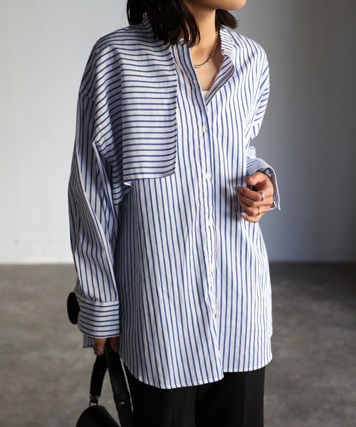 EASEBLUE（イーズブルー）の「アシメフラップオーバーシャツブラウス（シャツ/ブラウス・レディース・オフホワイト/ブルー/ブルー系1/ネイビー系1・FREE）」の15枚目の写真