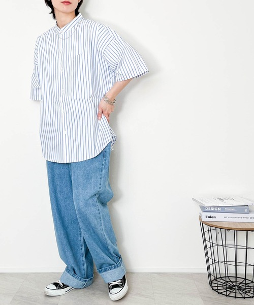 Anytime Songs(エニータイムソングス)の「綿ブロード バンドカラービッグシャツ(シャツ/ブラウス・メンズ・ホワイト/サックスブルー系/グリーン/ホワイト系その他/イエロー/ラベンダー/グリーン系その他/サックスブルー/グレイッシュベージュ/ブラック/ブラック系その他・MEDIUM/LARGE/X-LARGE)」の17枚目の写真