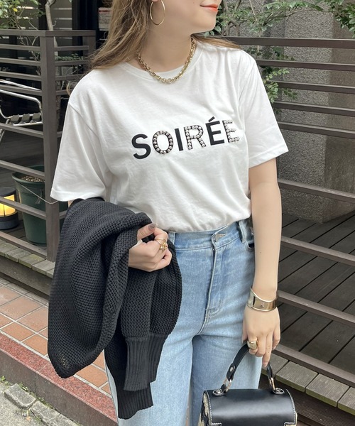 prose verse（プロズヴェール）の「パール付きフロッキーロゴTシャツ（Tシャツ/カットソー・レディース・オフホワイト/チャコール・MEDIUM）」の3枚目の写真