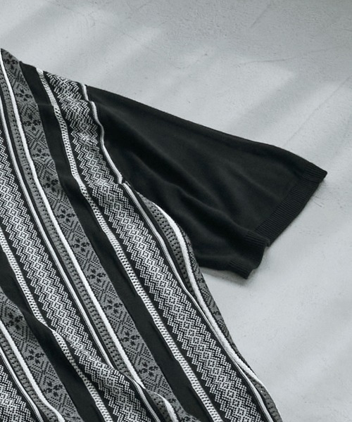 MONO-MART（モノマート）の「レトロジャガードストライプ ルーズニットポロシャツ（ポロシャツ・メンズ・ネイビー/アイボリー/グリーン/サックスブルー/ブラック/モカ/ブラック系/ナチュラル・M/L/S）」の11枚目の写真