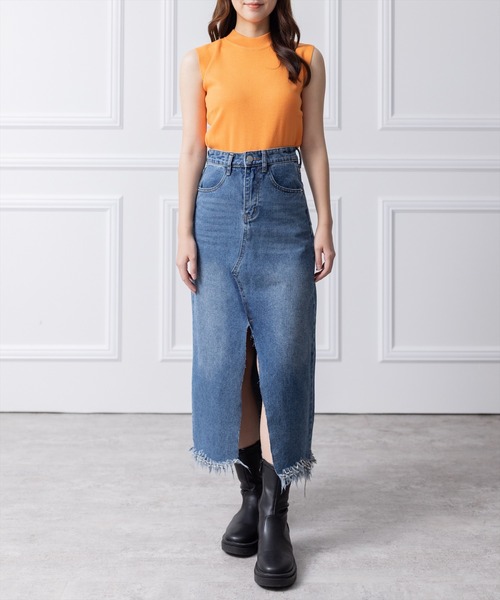 clear（クリア）の「リメイク風フリンジデニムロングスカート（デニム