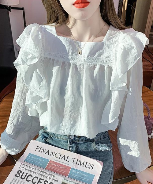 Amulet（アミュレット）の「ショルダーフリルブラウス（シャツ/ブラウス・レディース・モカ/ホワイト・M/L/XL）」の6枚目の写真