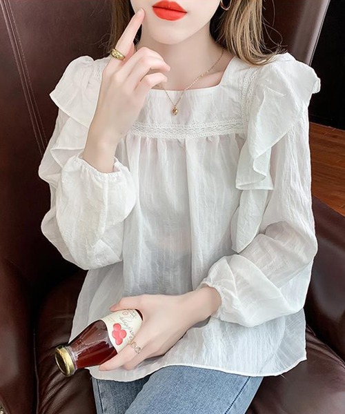Amulet（アミュレット）の「ショルダーフリルブラウス（シャツ/ブラウス・レディース・モカ/ホワイト・M/L/XL）」の11枚目の写真