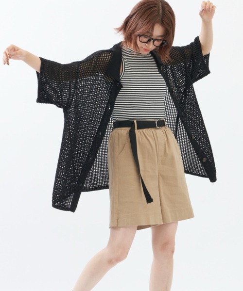 EDIT Gris（エディットグリ）の「【ユニセックス】ルーズメッシュ半袖シャツカーディガン（カーディガン/ボレロ・レディース・ブラック/アイボリー・FREE）」の2枚目の写真