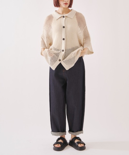 EDIT Gris（エディットグリ）の「【ユニセックス】ルーズメッシュ半袖シャツカーディガン（カーディガン/ボレロ・レディース・ブラック/アイボリー・FREE）」の19枚目の写真