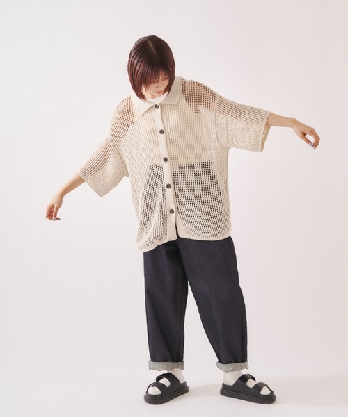 EDIT Gris（エディットグリ）の「【ユニセックス】ルーズメッシュ半袖シャツカーディガン（カーディガン/ボレロ・レディース・ブラック/アイボリー・FREE）」の17枚目の写真