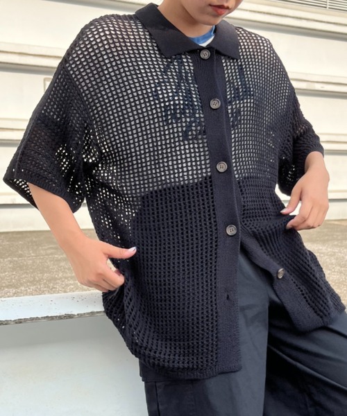 EDIT Gris（エディットグリ）の「【ユニセックス】ルーズメッシュ半袖シャツカーディガン（カーディガン/ボレロ・レディース・ブラック/アイボリー・FREE）」の9枚目の写真
