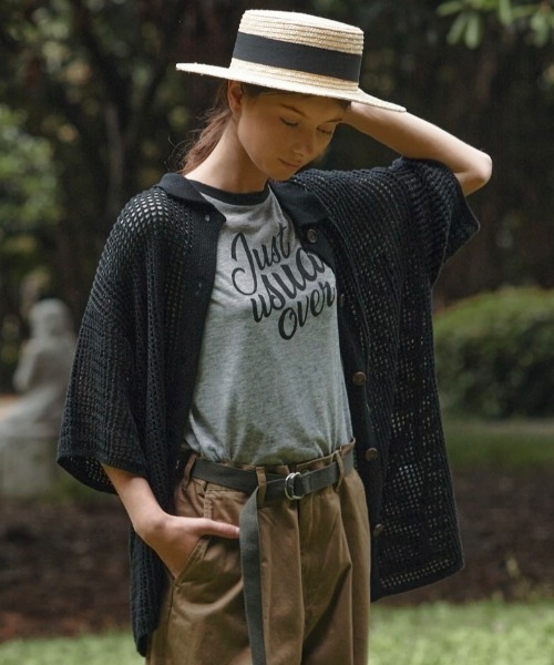 EDIT Gris（エディットグリ）の「【ユニセックス】ルーズメッシュ半袖シャツカーディガン（カーディガン/ボレロ・レディース・ブラック/アイボリー・FREE）」の3枚目の写真