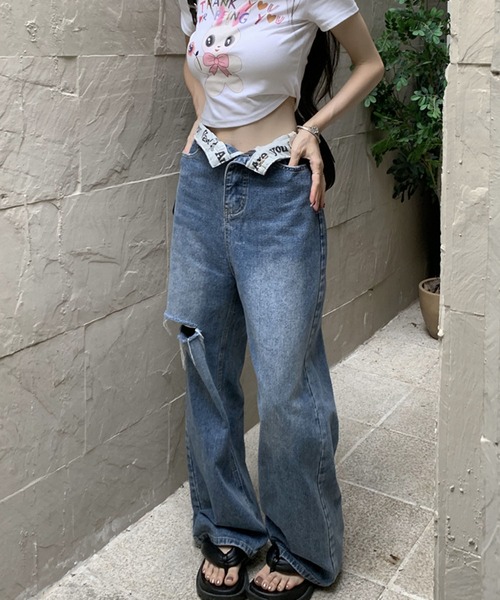 meJane(ミージェーン)の「ロールハイウエストロゴデニムパンツ(デニムパンツ・レディース・ブルー・S/M/L)」の12枚目の写真