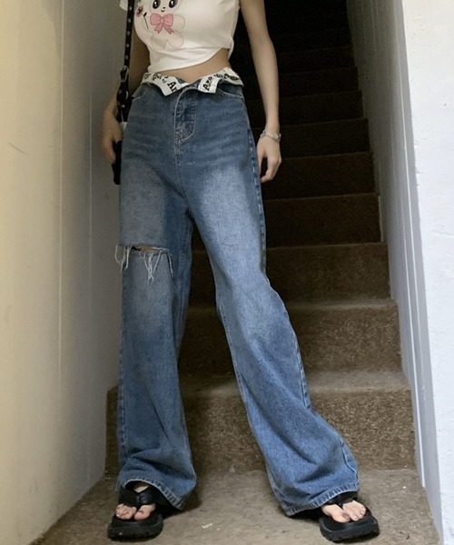 meJane(ミージェーン)の「ロールハイウエストロゴデニムパンツ(デニムパンツ・レディース・ブルー・S/M/L)」の8枚目の写真