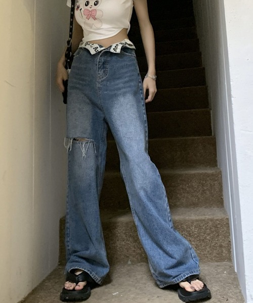 meJane(ミージェーン)の「ロールハイウエストロゴデニムパンツ(デニムパンツ・レディース・ブルー・S/M/L)」の9枚目の写真