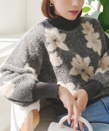 花柄シャギーニットモックネックトップス
