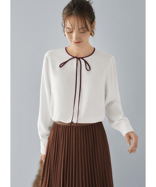 新品未使用　STYI F DELI ドライジョーゼット配色リボンタイブラウス STYLE DELI｜ドライジョーゼット配色リボンタイブラウス