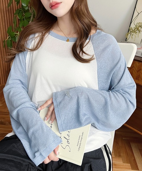 moment+（モーメントプラス）の「配色ラグランシアーロンT（Tシャツ/カットソー・レディース・ピンク/ナチュラル/サックスブルー/ブラック/ネイビー・M/L）」の5枚目の写真