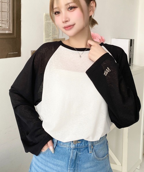 moment+（モーメントプラス）の「配色ラグランシアーロンT（Tシャツ/カットソー・レディース・ピンク/ナチュラル/サックスブルー/ブラック/ネイビー・M/L）」の2枚目の写真