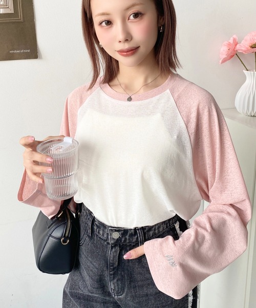moment+(モーメントプラス)の「配色ラグランシアーロンT(Tシャツ/カットソー・レディース・ピンク/ナチュラル/サックスブルー/ブラック/ネイビー・M/L)」の12枚目の写真