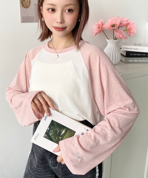 moment+(モーメントプラス)の「配色ラグランシアーロンT(Tシャツ/カットソー・レディース・ピンク/ナチュラル/サックスブルー/ブラック/ネイビー・M/L)」の11枚目の写真