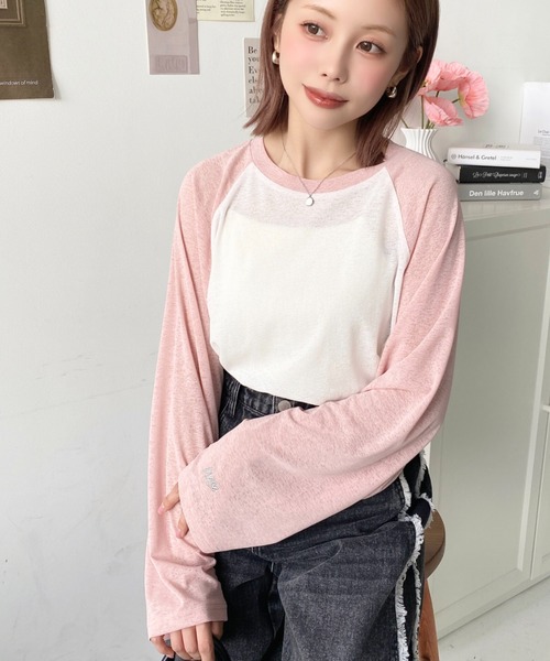 moment+(モーメントプラス)の「配色ラグランシアーロンT(Tシャツ/カットソー・レディース・ピンク/ナチュラル/サックスブルー/ブラック/ネイビー・M/L)」の10枚目の写真