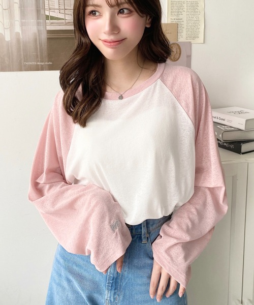 moment+(モーメントプラス)の「配色ラグランシアーロンT(Tシャツ/カットソー・レディース・ピンク/ナチュラル/サックスブルー/ブラック/ネイビー・M/L)」の14枚目の写真