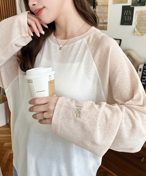 moment+（モーメントプラス）の「配色ラグランシアーロンT（Tシャツ/カットソー・レディース・ピンク/ナチュラル/サックスブルー/ブラック/ネイビー・M/L）」の12枚目の写真