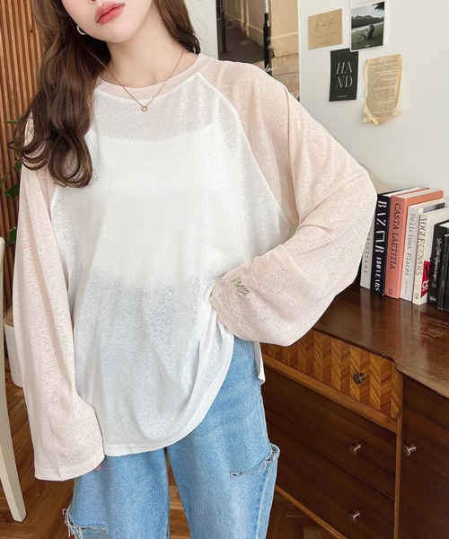 moment+（モーメントプラス）の「配色ラグランシアーロンT（Tシャツ/カットソー・レディース・ピンク/ナチュラル/サックスブルー/ブラック/ネイビー・M/L）」の14枚目の写真