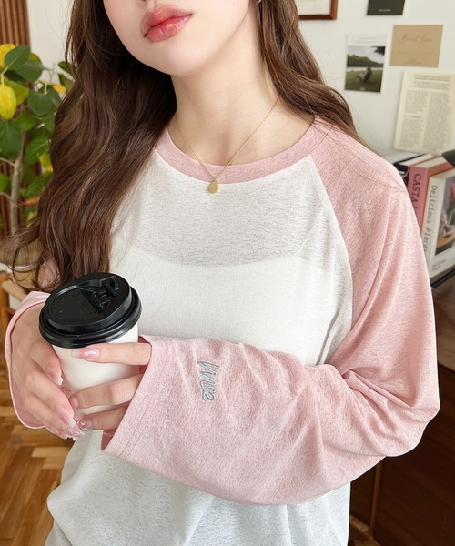 moment+（モーメントプラス）の「配色ラグランシアーロンT（Tシャツ/カットソー・レディース・ピンク/ナチュラル/サックスブルー/ブラック/ネイビー・M/L）」の7枚目の写真