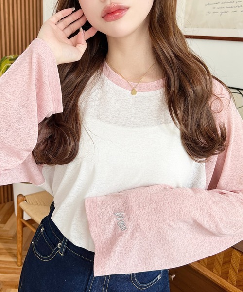 moment+（モーメントプラス）の「配色ラグランシアーロンT（Tシャツ/カットソー・レディース・ピンク/ナチュラル/サックスブルー/ブラック/ネイビー・M/L）」の9枚目の写真