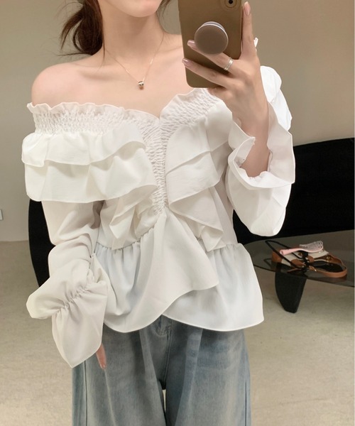 セール】2wayクロスフリルリボンブラウス/オープンショルダー（シャツ