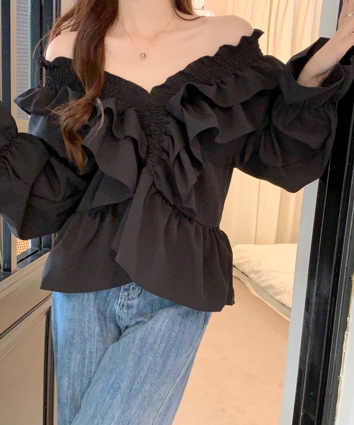 セール】2wayクロスフリルリボンブラウス/オープンショルダー