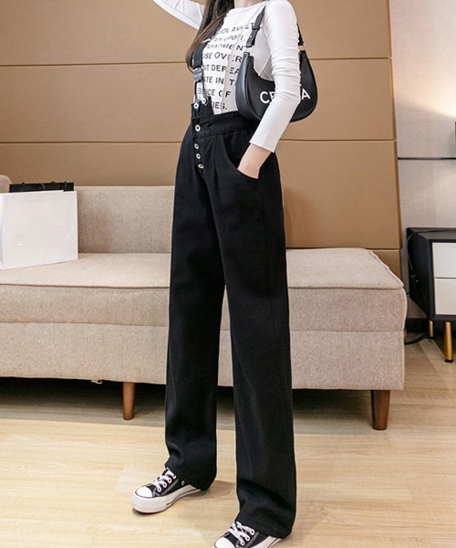 Miniministore(ミニミニストア)の「ワンショルダー サロペットデニムパンツ(サロペット/オーバーオール・レディース・ブラック/ホワイト・M/L/S)」の4枚目の写真