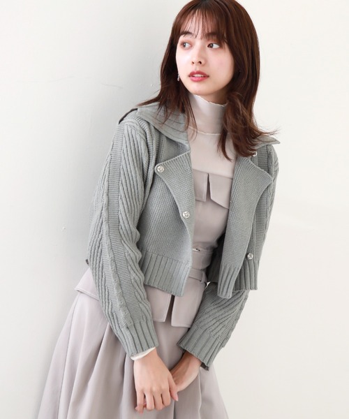 Cheek(チーク)の「ニットライダースジャケット(カーディガン/ボレロ・レディース・アイボリー/グレー/オレンジ・MEDIUM)」の2枚目の写真