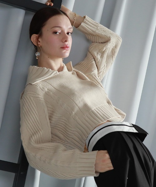 Cheek(チーク)の「ニットライダースジャケット(カーディガン/ボレロ・レディース・アイボリー/グレー/オレンジ・MEDIUM)」の1枚目の写真